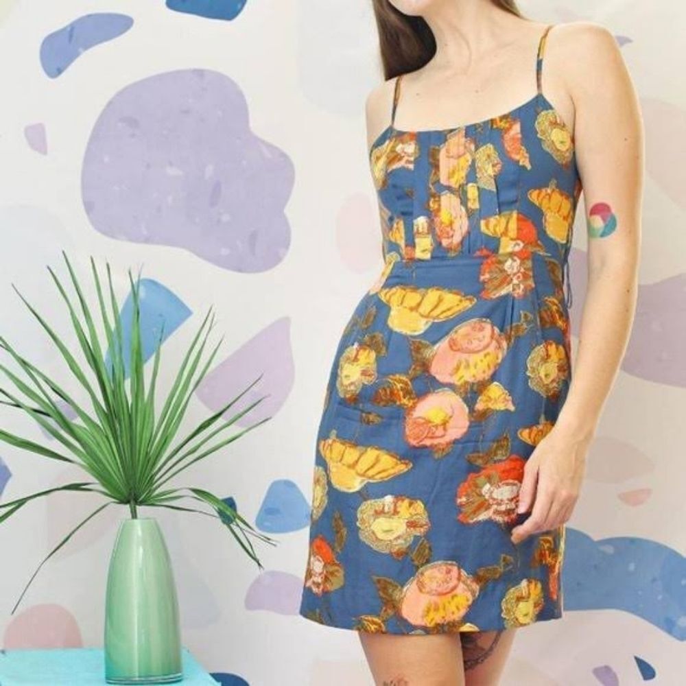 Anthro Maeve Peony Slip Dress Silk‎ Blend Floral Strappy Open Back Blue Size 10